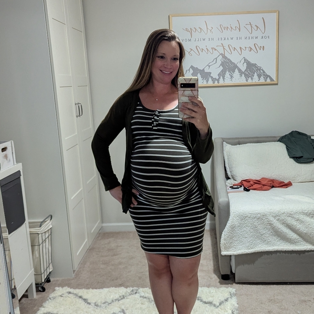 Green and white striped maternity dress
